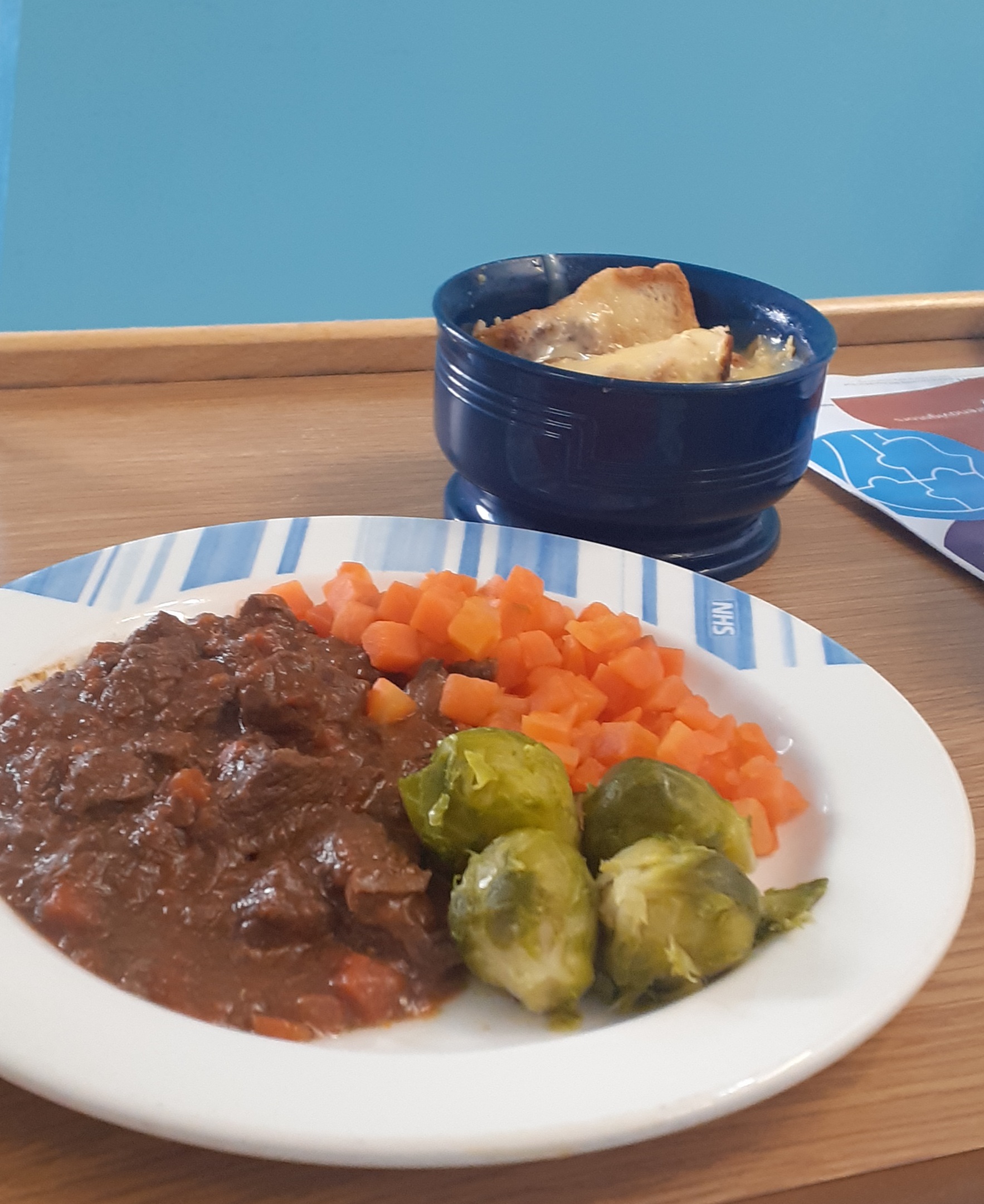 A blue plate holding brown stew, swede, and Brussels sprouts. Behind it, a blue bowl containing bread and butter pudding.