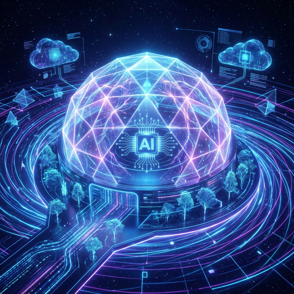 A futuristic glowing geodesic dome featuring an AI chip at its center.